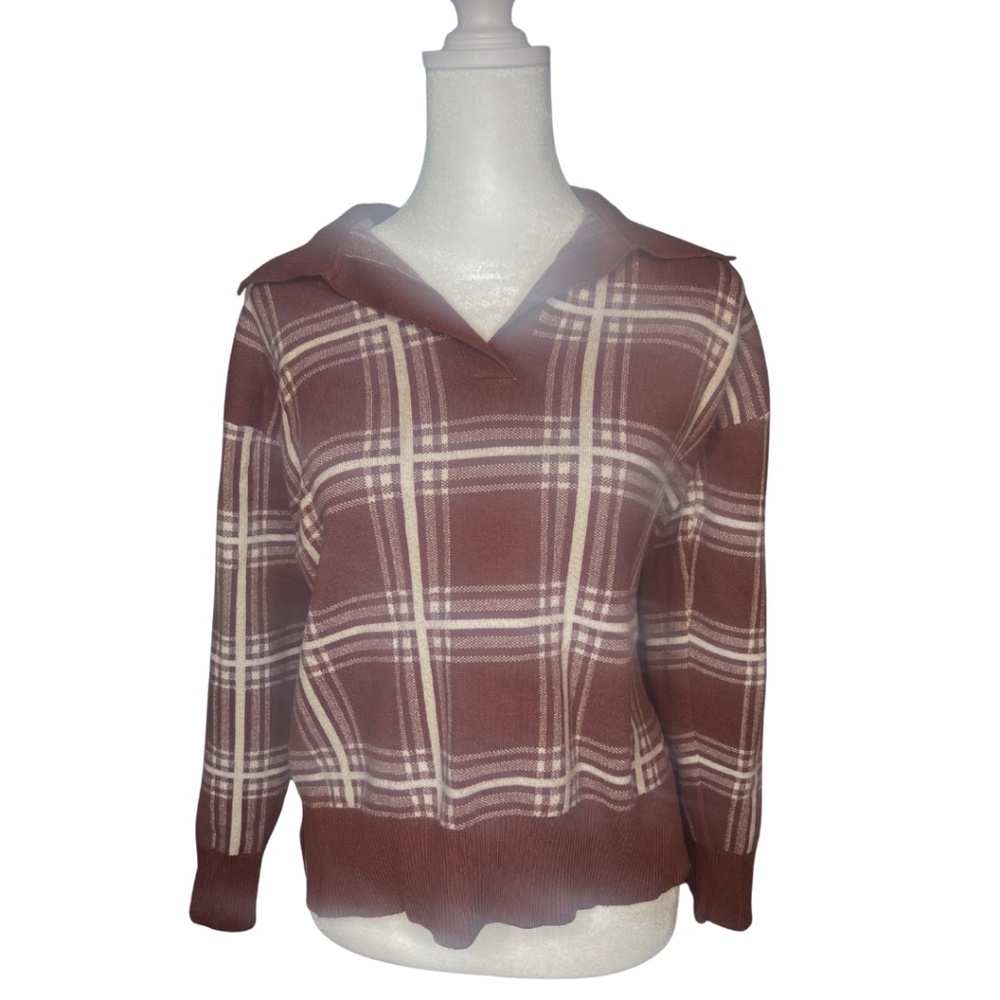 Max Studio Plaid Collared Sweater Medium